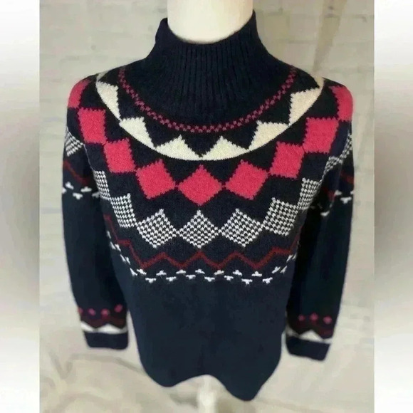 Vince Camuto Fair Isle Mock Neck Sweater Woman’s Size XS Navy Blue Knit pullover - Picture 4 of 16